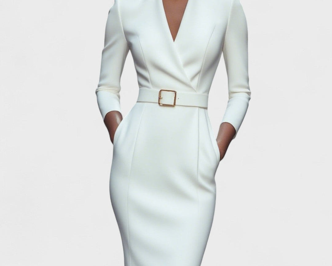 Hana - Elegant black dress with belt and collar
