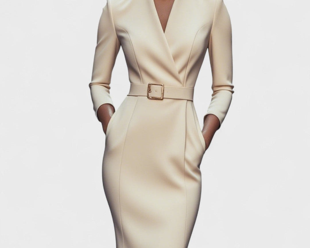 Hana - Elegant black dress with belt and collar