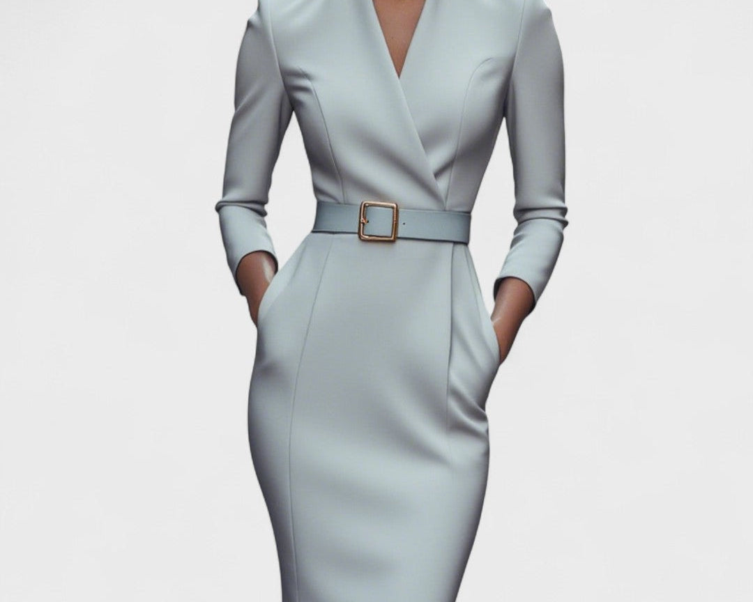 Hana - Elegant black dress with belt and collar
