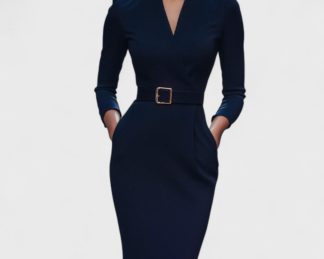 Hana - Elegant black dress with belt and collar