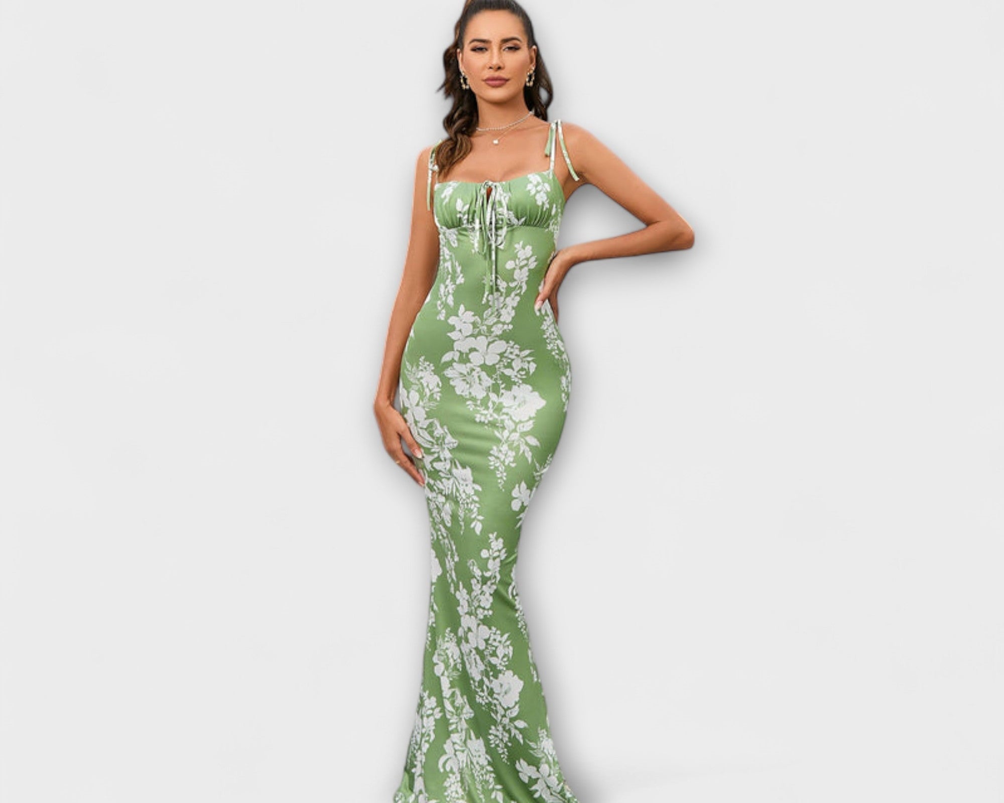 Thalia - Floral print ball gown with tie-up straps