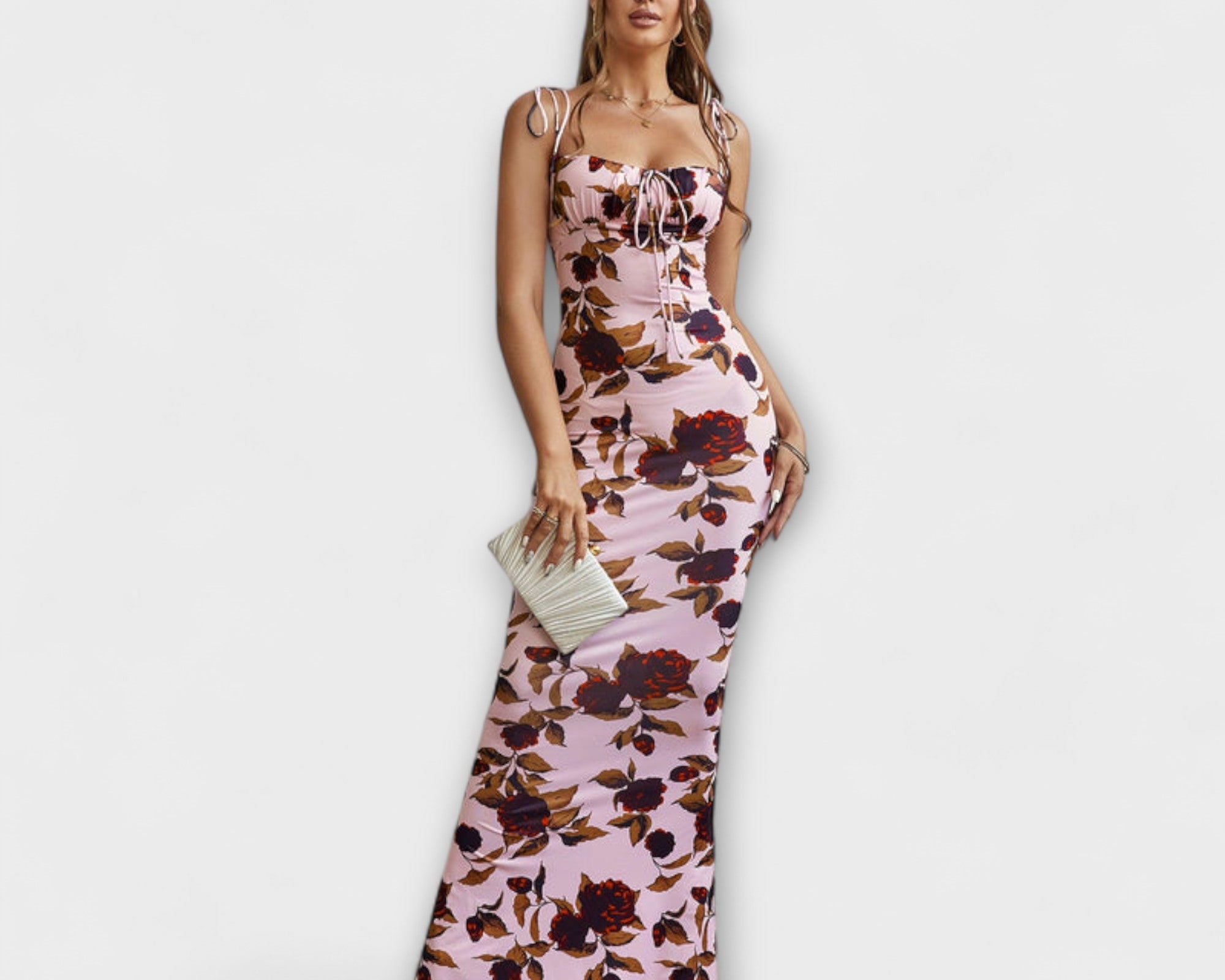 Thalia - Floral print ball gown with tie-up straps