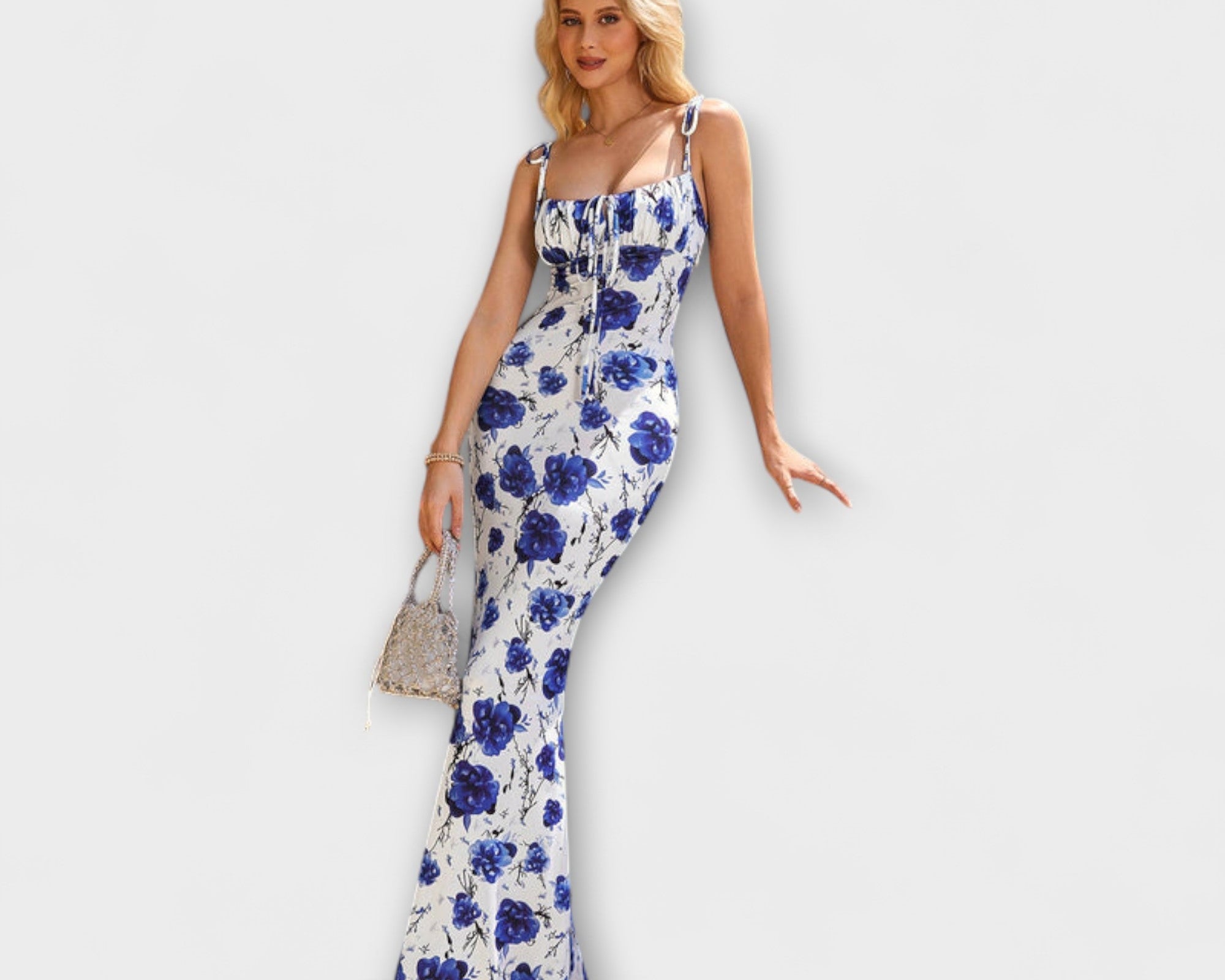 Thalia - Floral print ball gown with tie-up straps