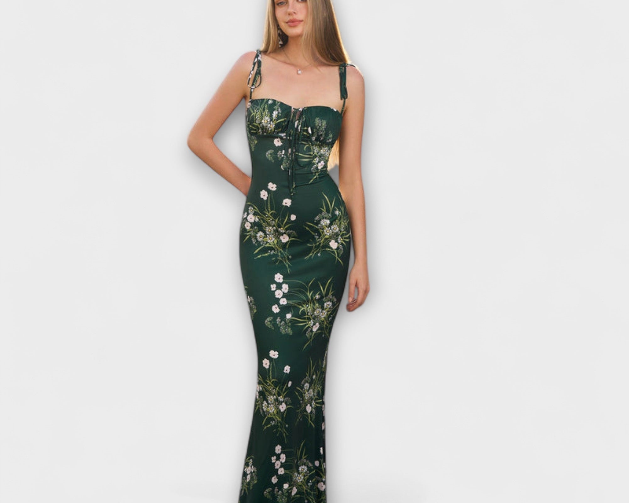 Thalia - Floral print ball gown with tie-up straps