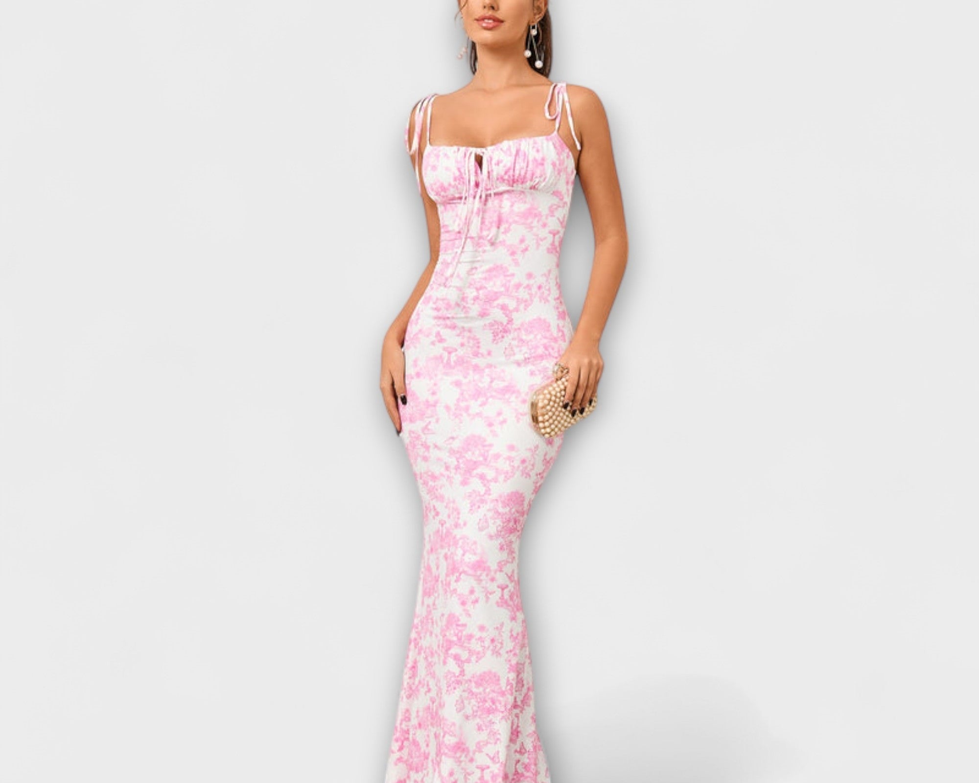 Thalia - Floral print ball gown with tie-up straps