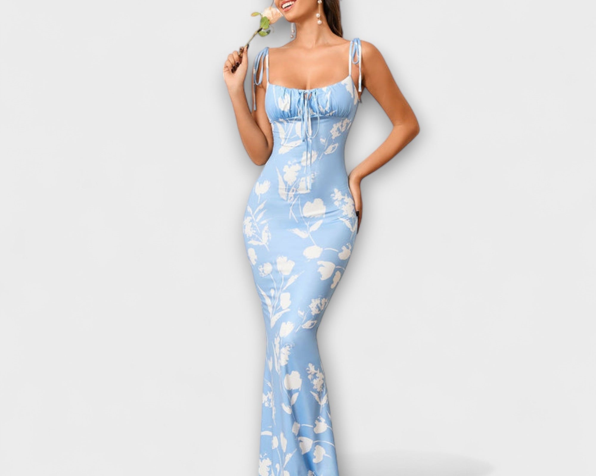 Thalia - Floral print ball gown with tie-up straps