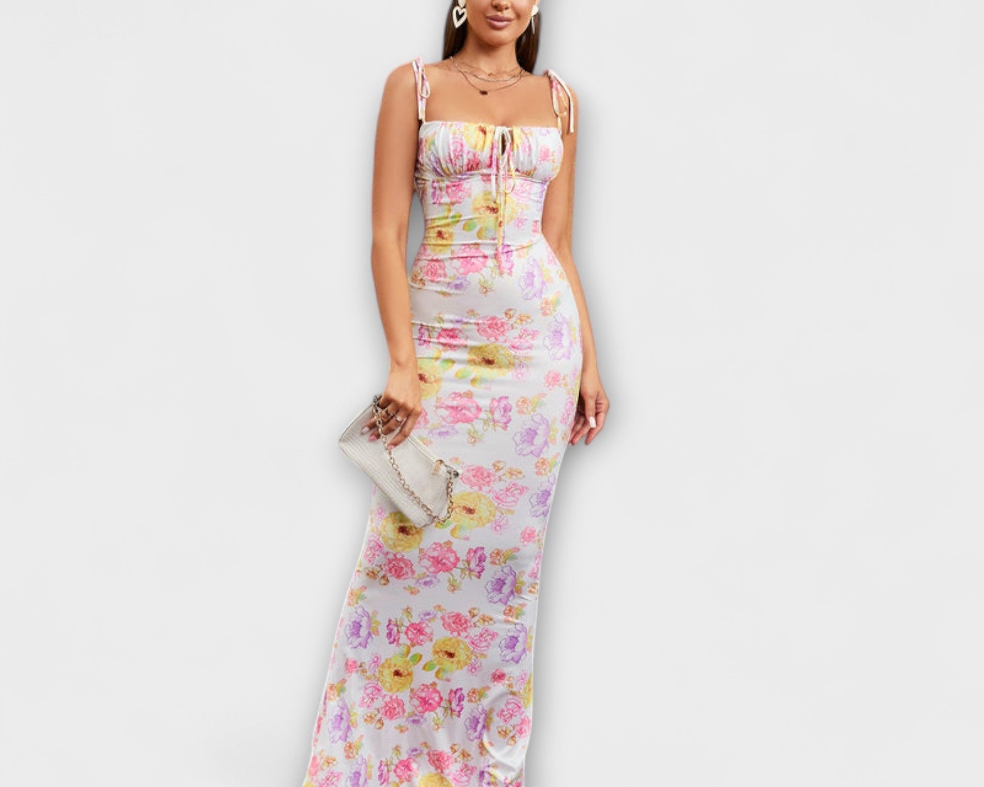 Thalia - Floral print ball gown with tie-up straps