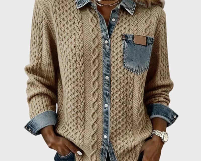Mia | Knitted Cardigan with Denim Details