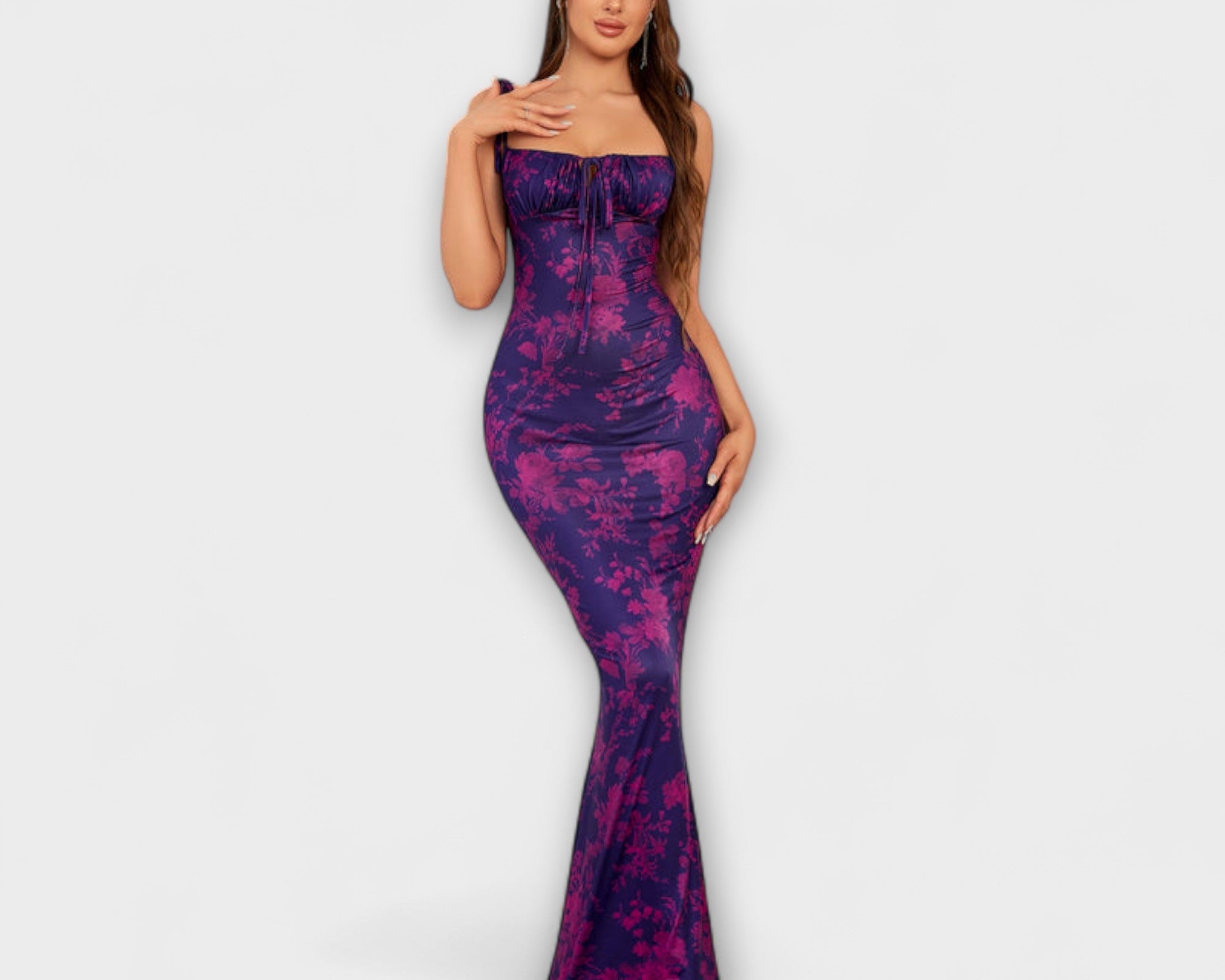 Thalia - Floral print ball gown with tie-up straps