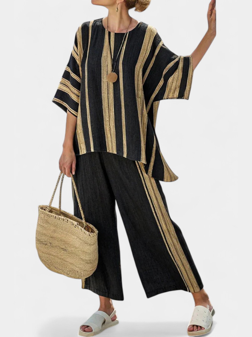 Adéla – pohodlný oversized pruhovaný top a uvolněné lněné kalhoty