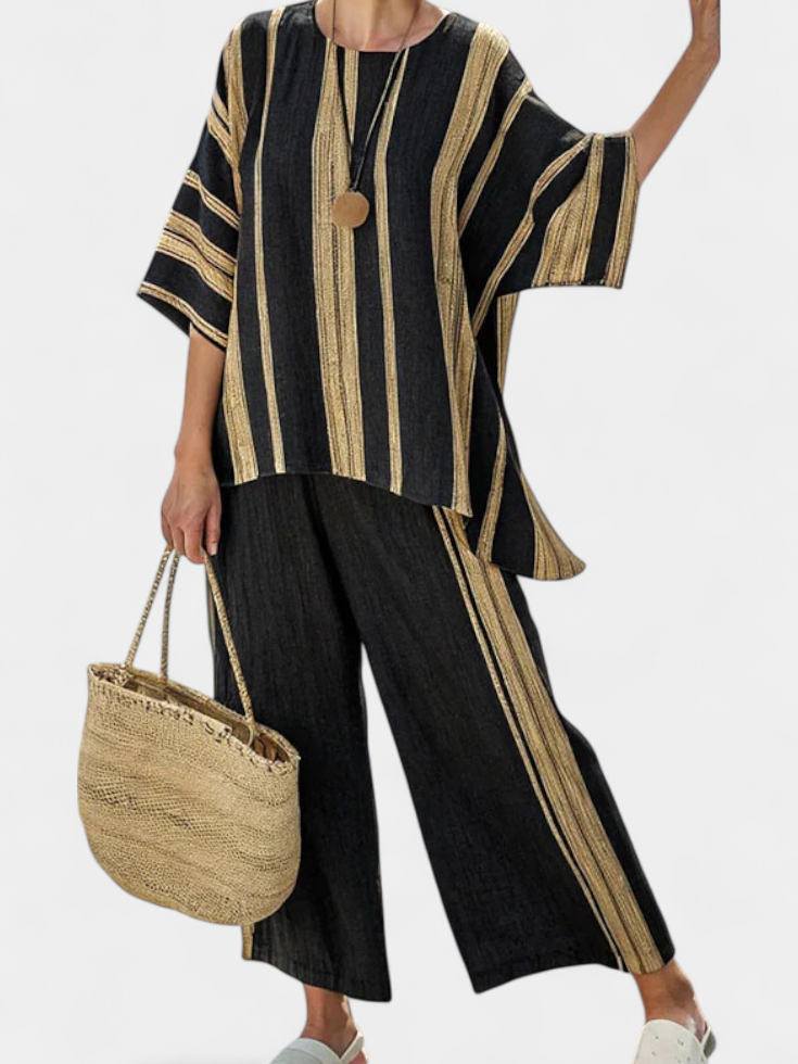 Adéla – pohodlný oversized pruhovaný top a uvolněné lněné kalhoty