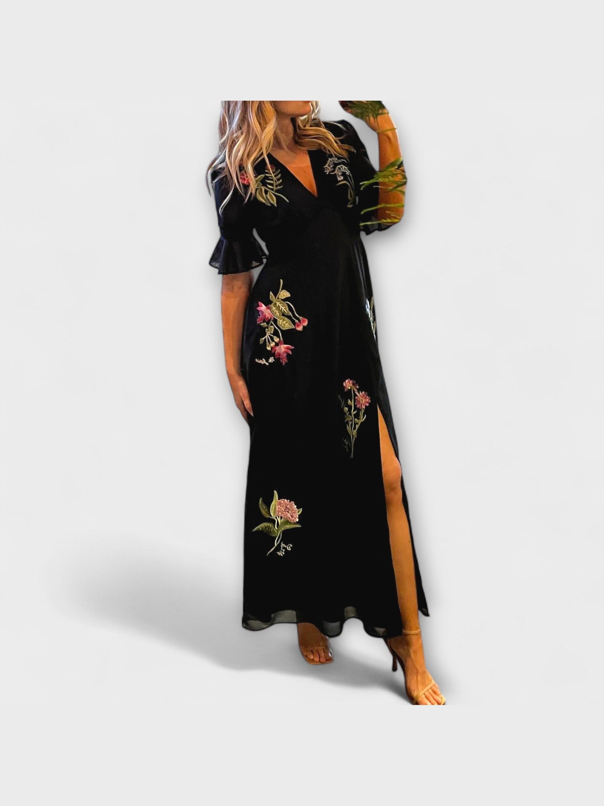 Beatrice - Elegantní modro-námořnické šaty s květinovou výšivkou