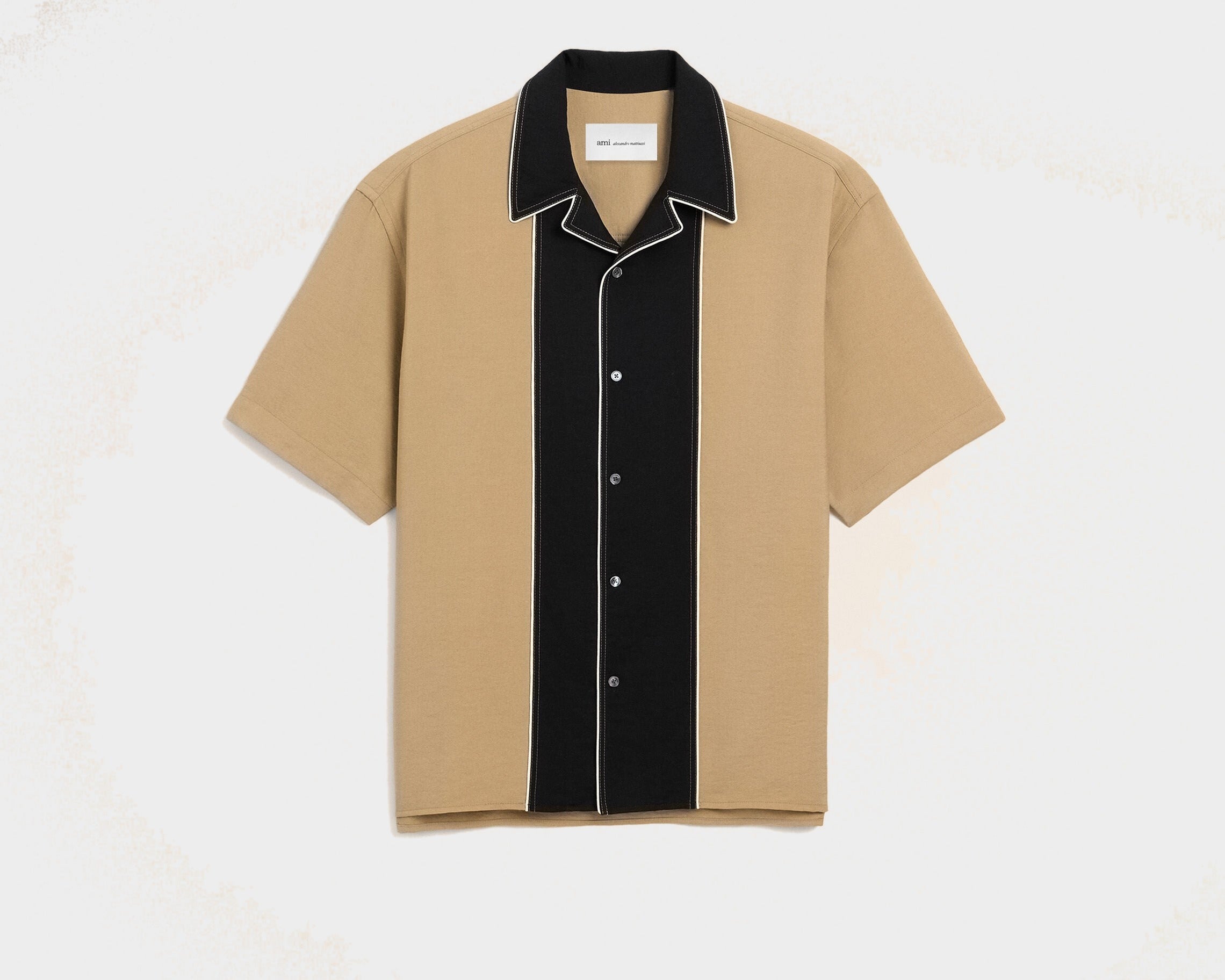 Chemise boxy bicolore beige en twill de viscose manches courtes