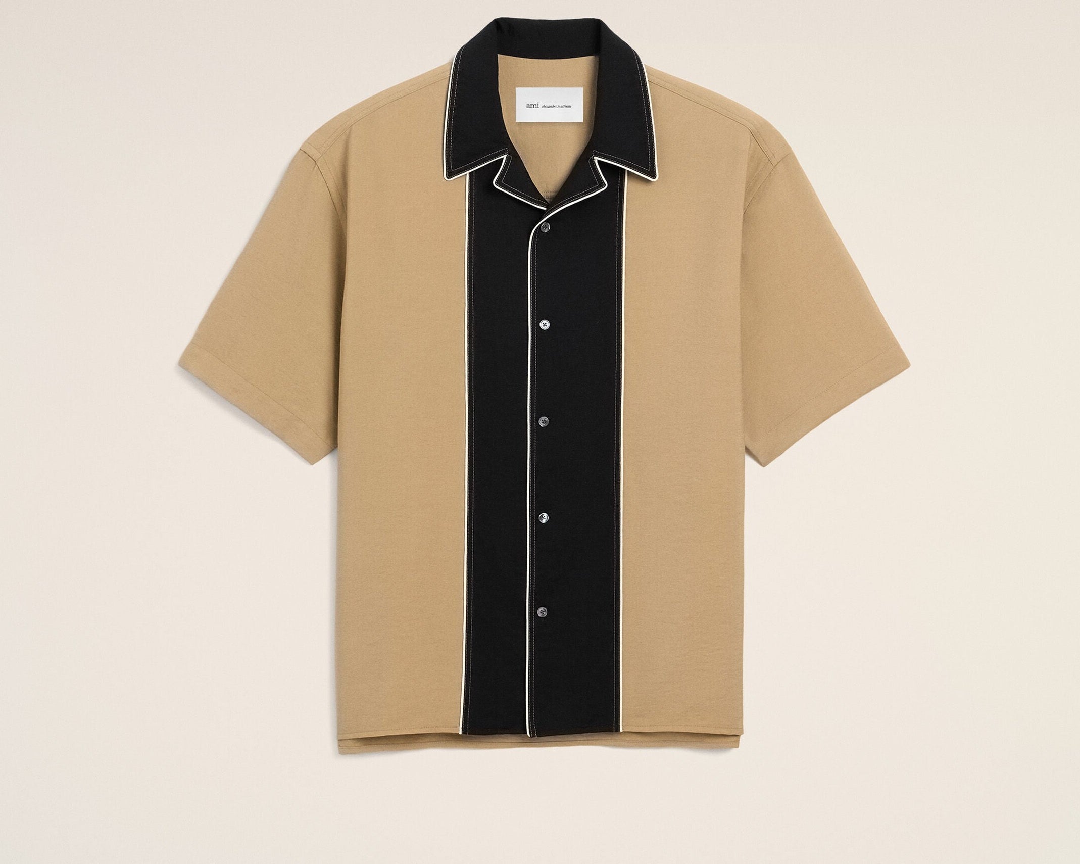 Chemise boxy bicolore beige en twill de viscose manches courtes
