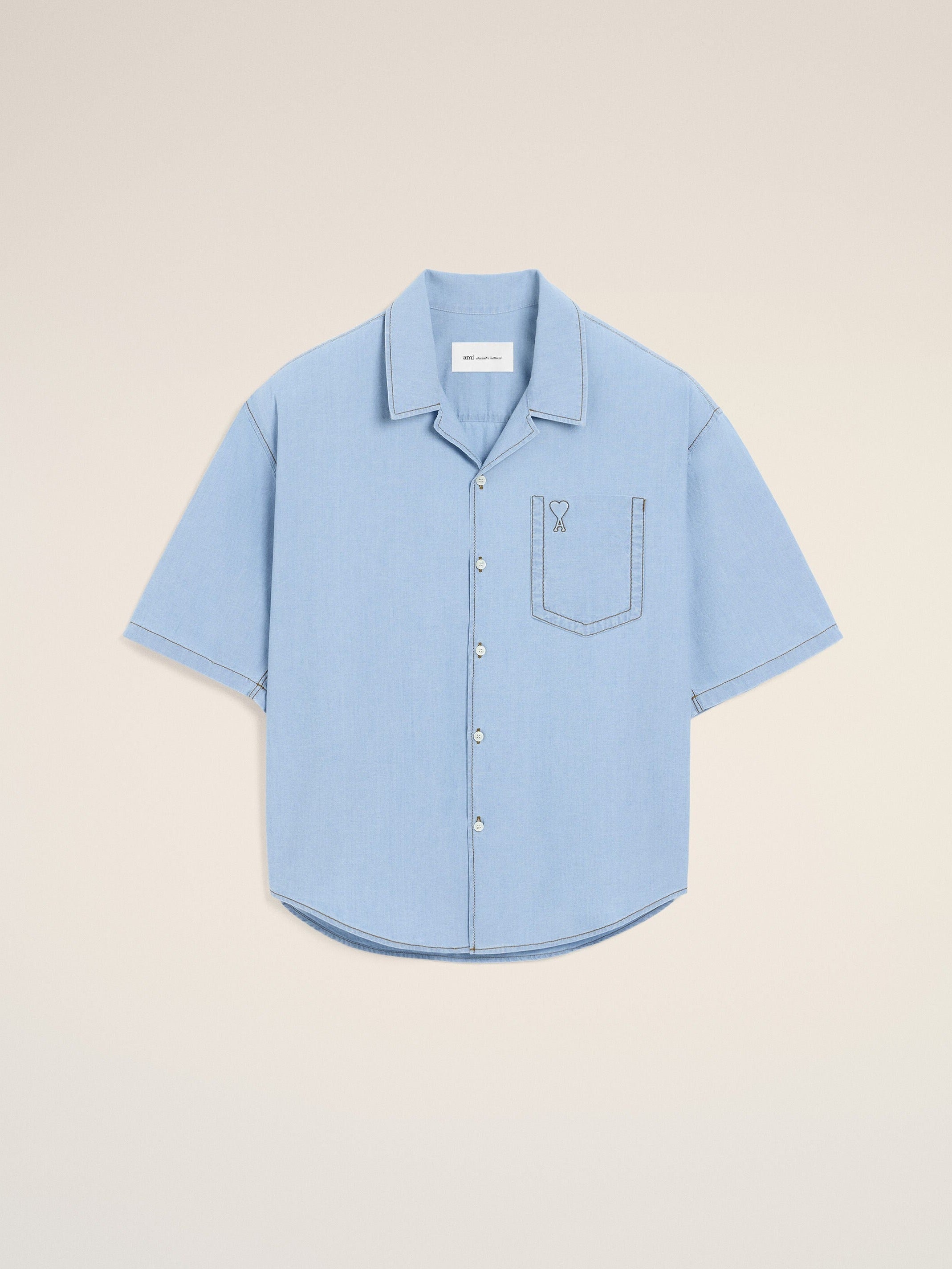 Chemise boxy bleue en coton manches courtes Ami de Coeur embossé