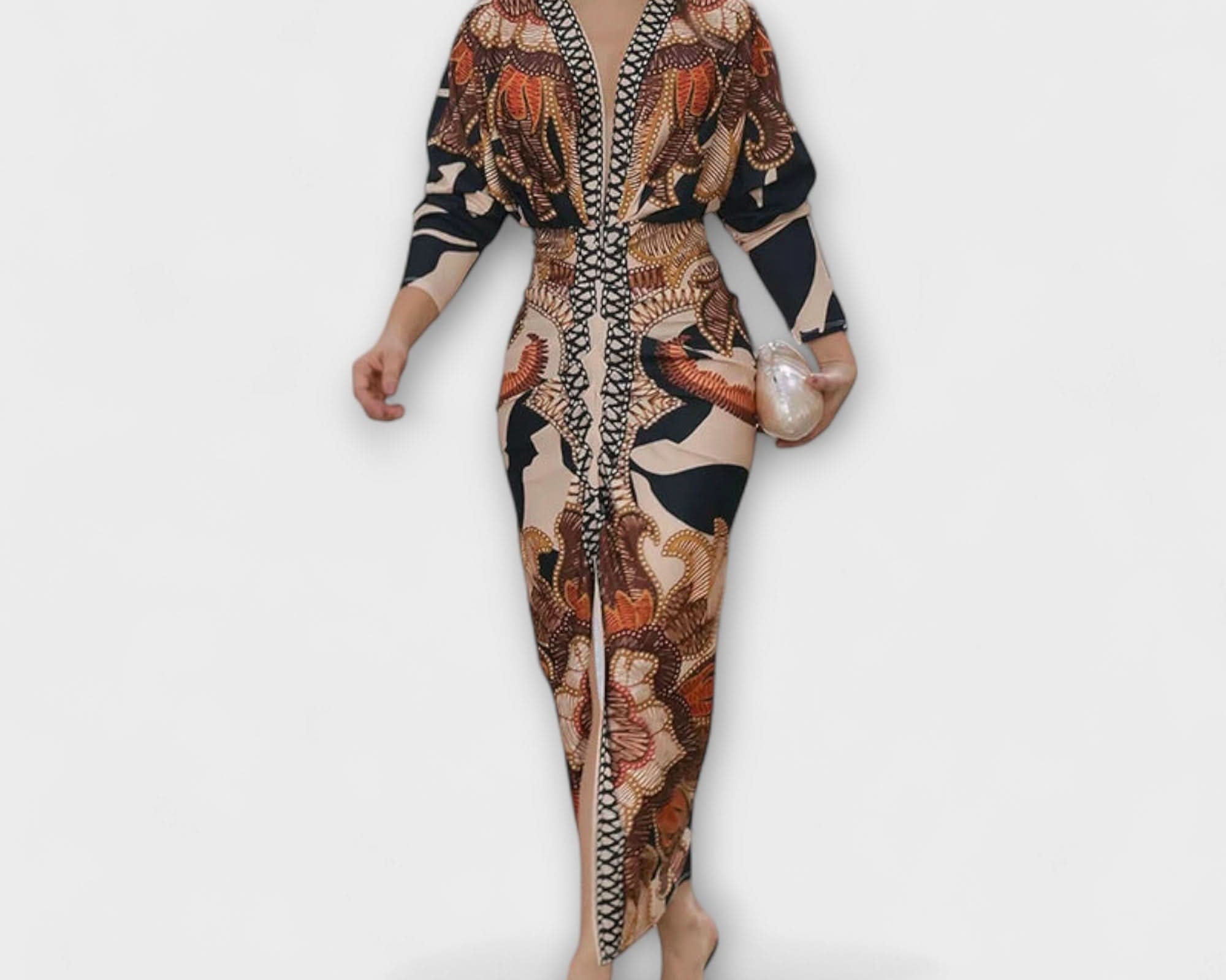 Cleo - Unique midi dress with dolman sleeves and Brazilian print