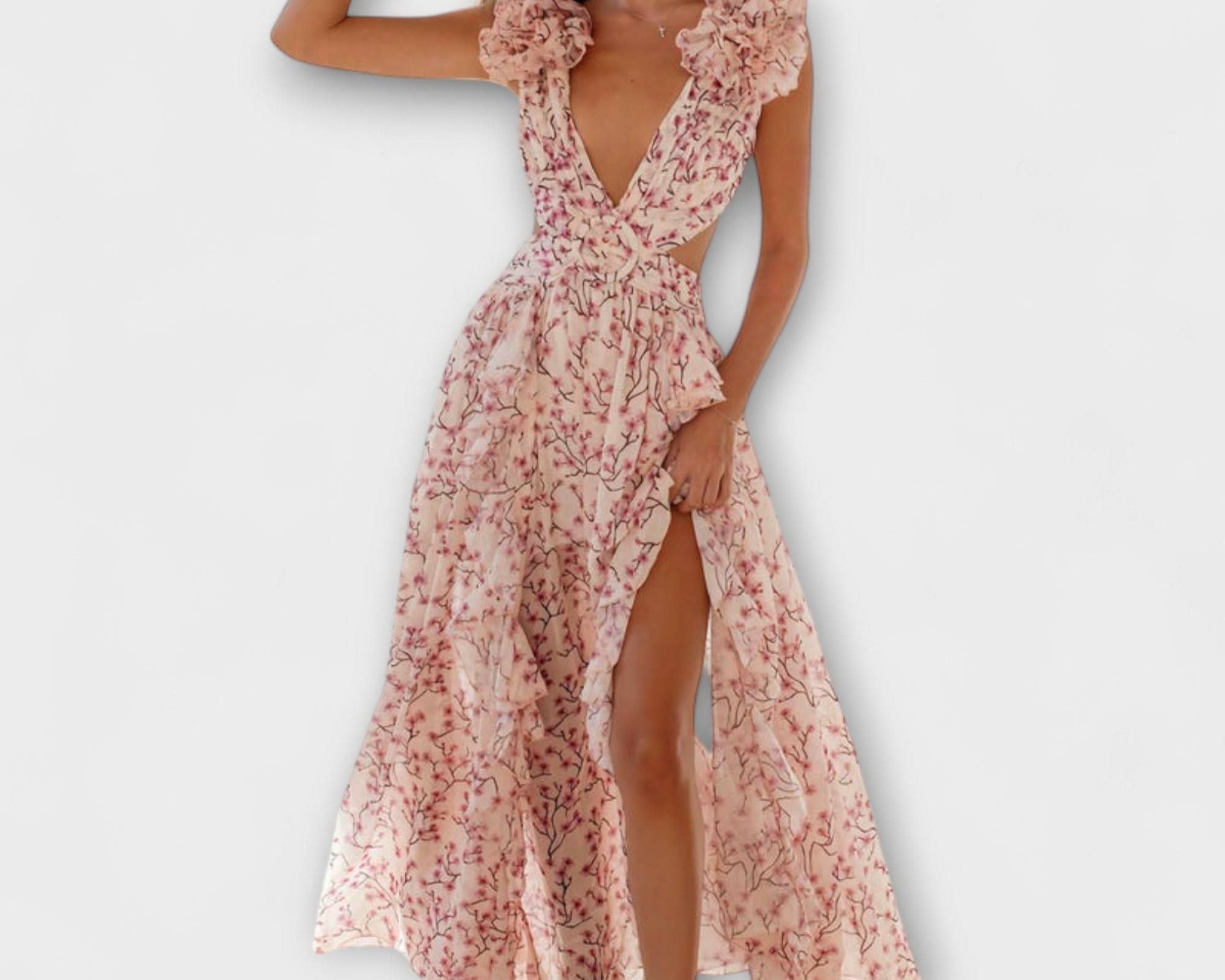Elin - Maxi šaty s volánkovým lemem a výřezy
