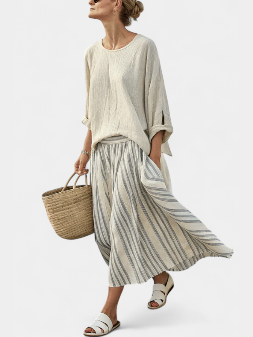 Eva Elegantní Komplet Oversize Halenka-Sukně Lněný