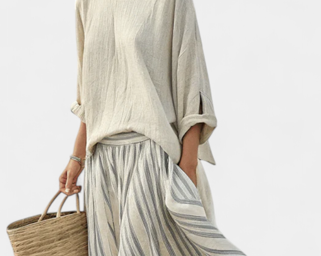 Eva Elegantní Komplet Oversize Halenka-Sukně Lněný