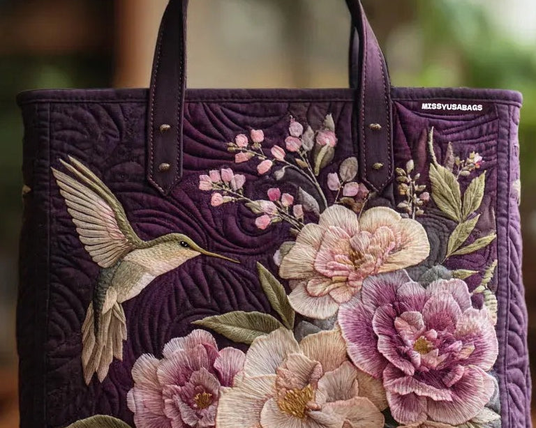 Fialová Měkká taška s kolibříky a orchidejemi
