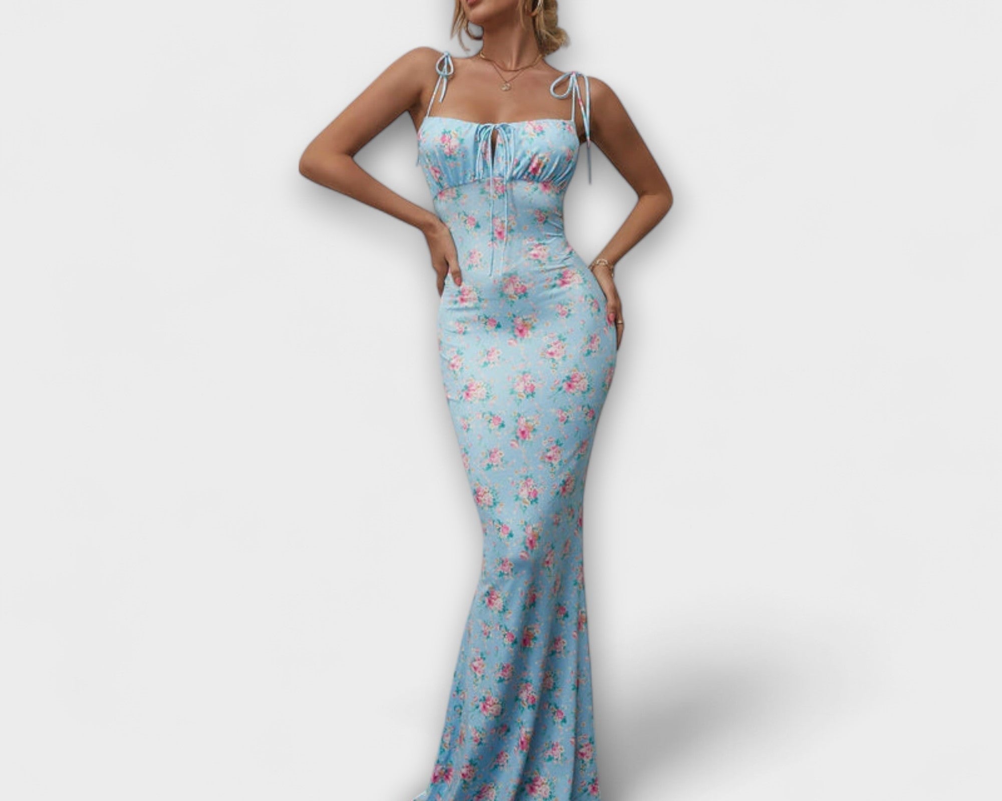 Thalia - Floral print ball gown with tie-up straps