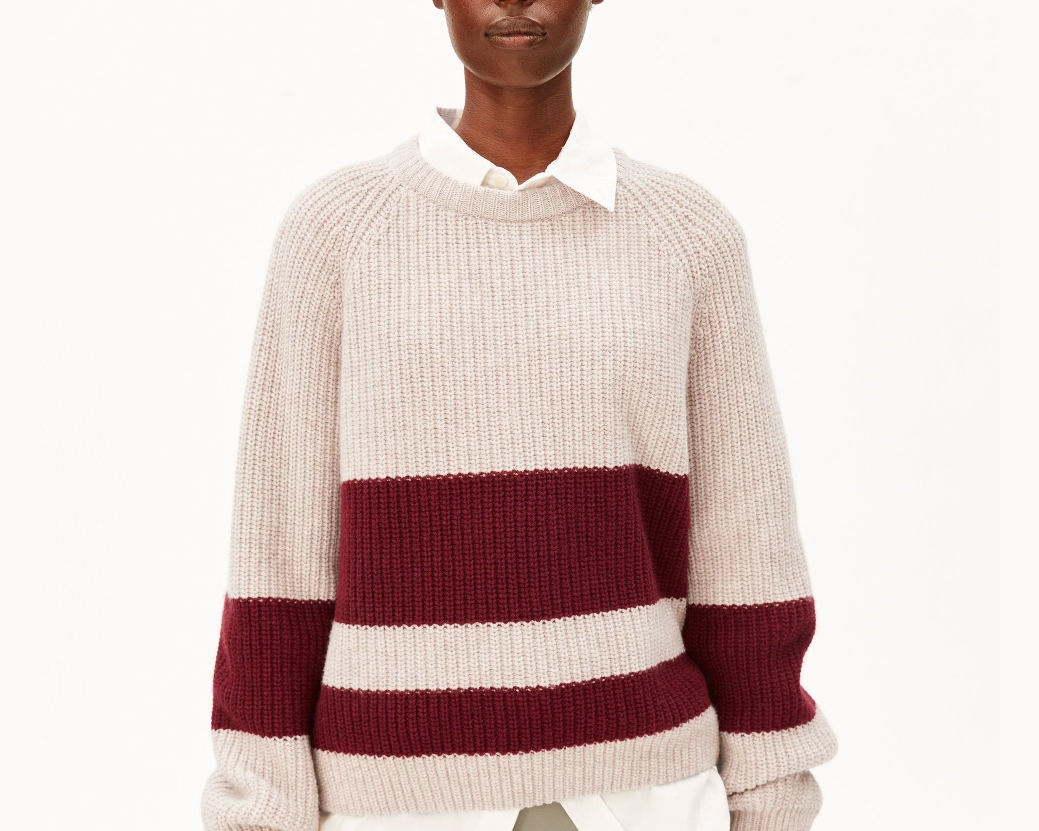 GESTREIFTER RIPPSTRICK PULLOVER | honey melange-velvet red