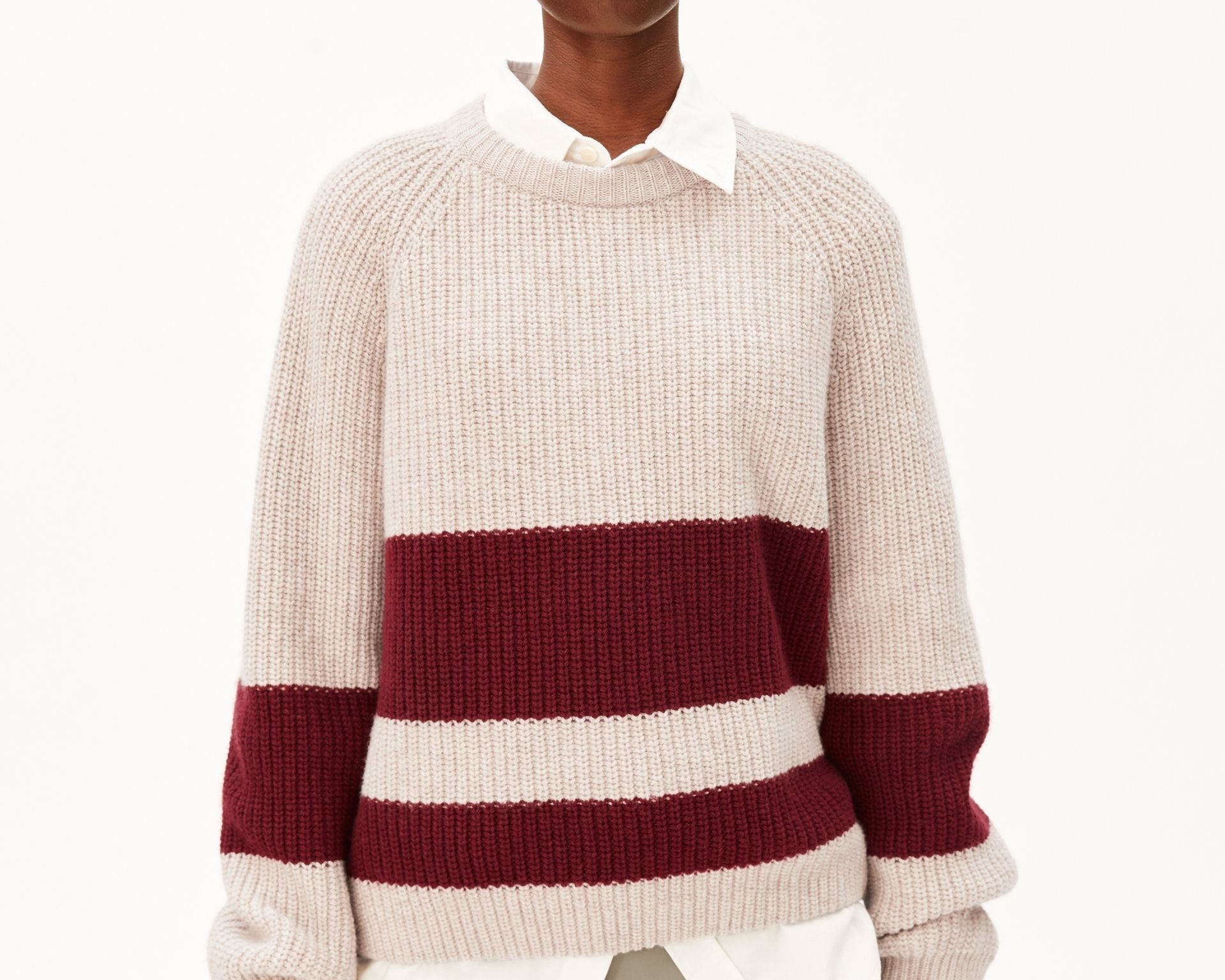 GESTREIFTER RIPPSTRICK PULLOVER | honey melange-velvet red