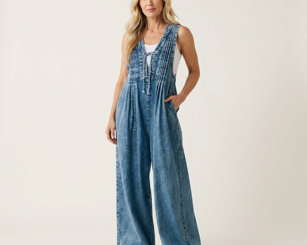 Griselda | Denim Combination with Wide Pleats