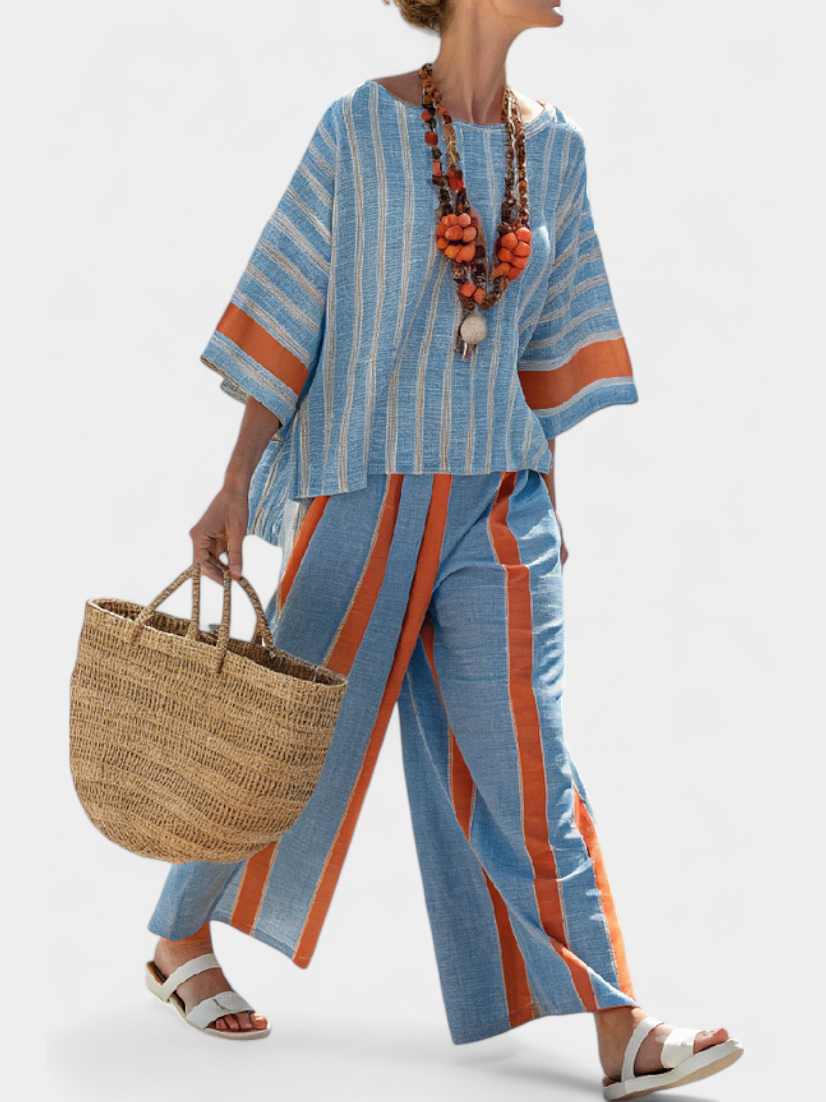 Jana – sofistikovaný top s pruhy v terakotě a lněné kalhoty