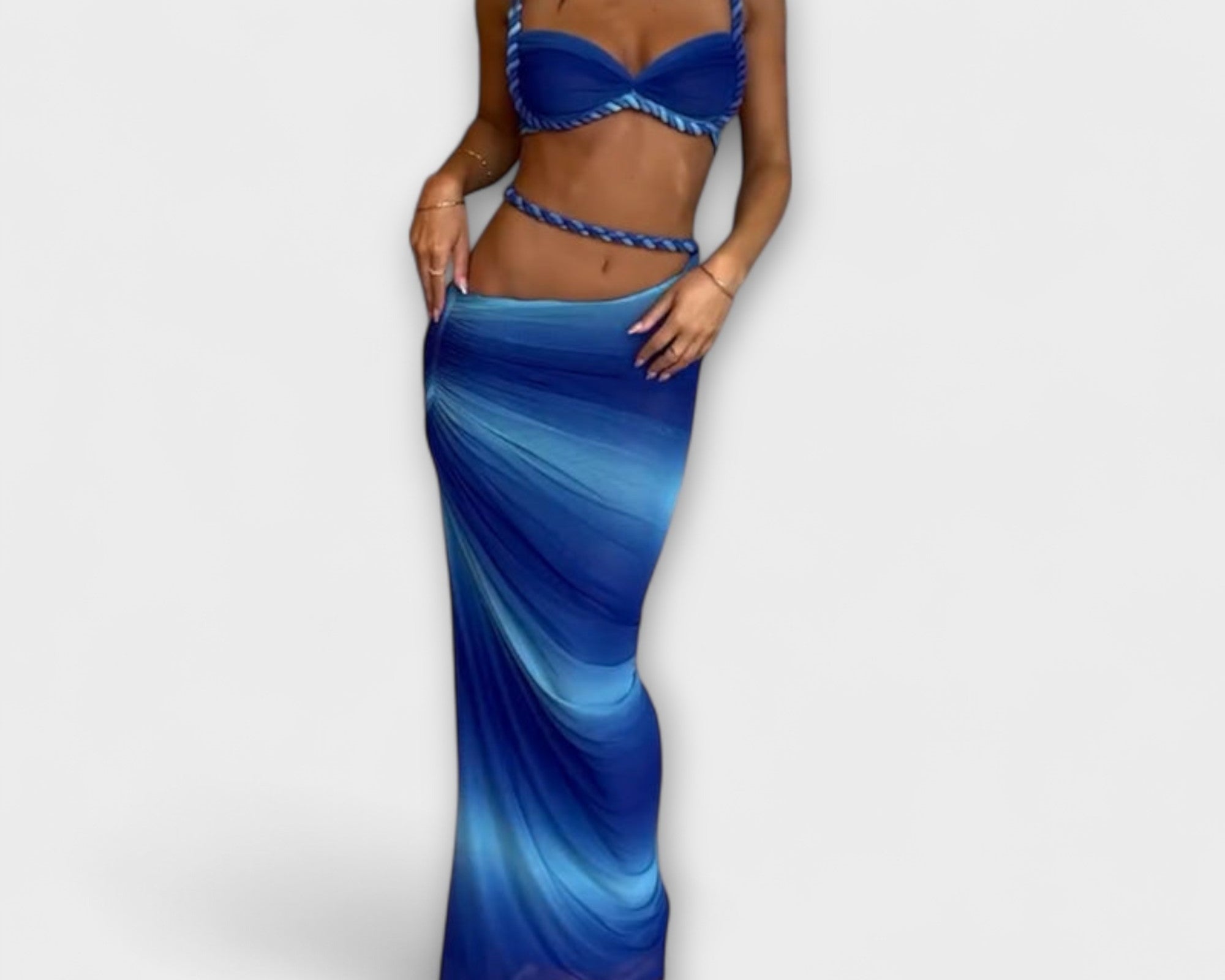 Jane - Stylový gradientový pletený crop top a overskirt duo