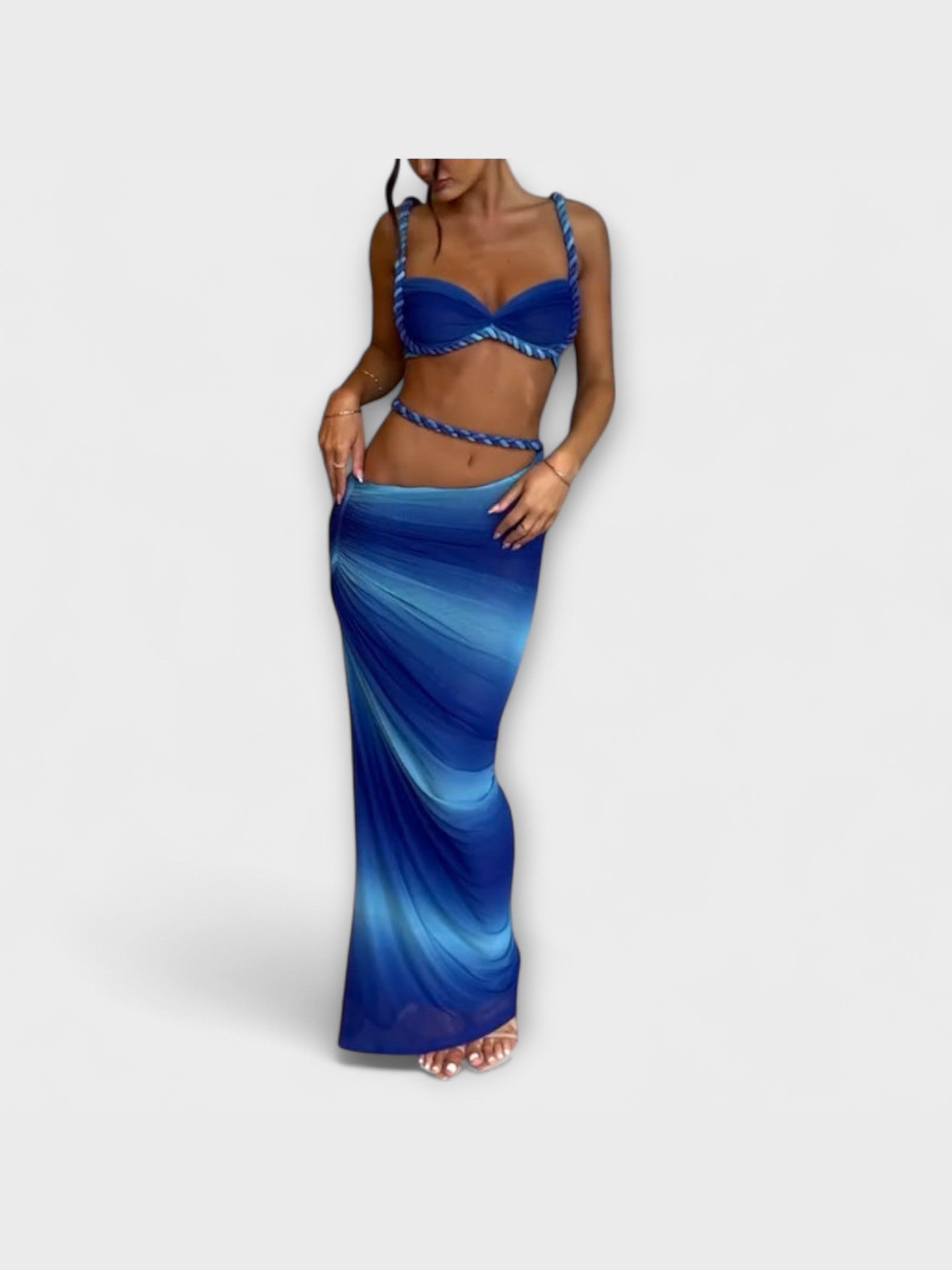 Jane - Stylový gradientový pletený crop top a overskirt duo