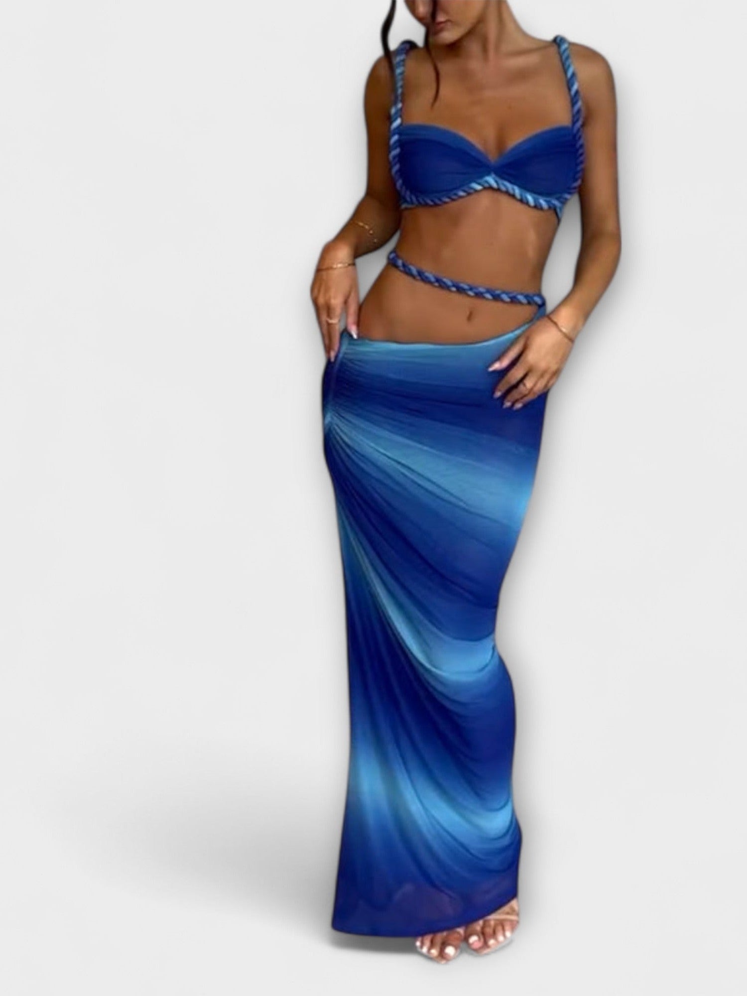 Jane - Stylový gradientový pletený crop top a overskirt duo