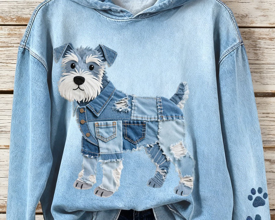 Lola - Džínová mikina pro dámy Patchwork Art Schnauzer se vzorem psa