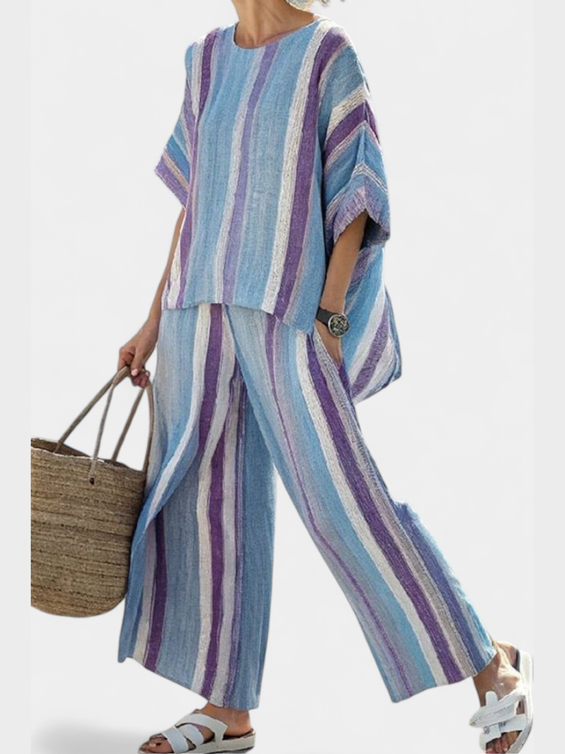 Lucie – elegantní top v pastelově mauve a pruhované lněné kalhoty