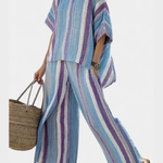 Lucie – elegantní top v pastelově mauve a pruhované lněné kalhoty