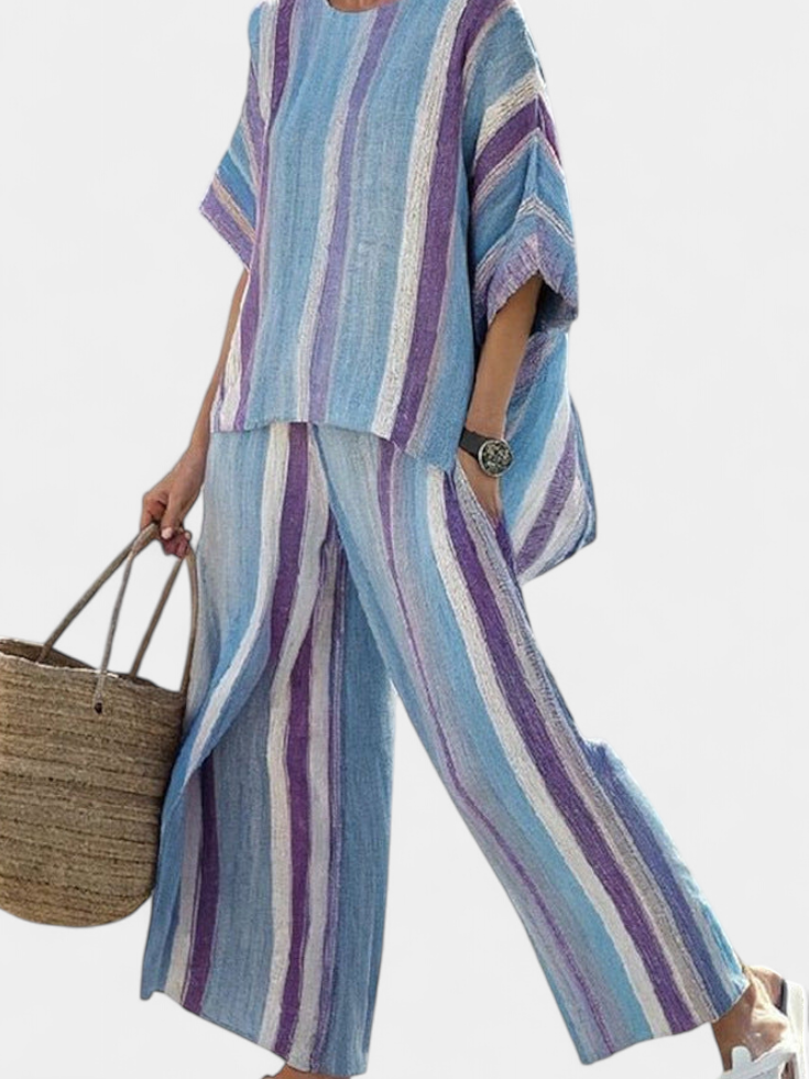Lucie – elegantní top v pastelově mauve a pruhované lněné kalhoty