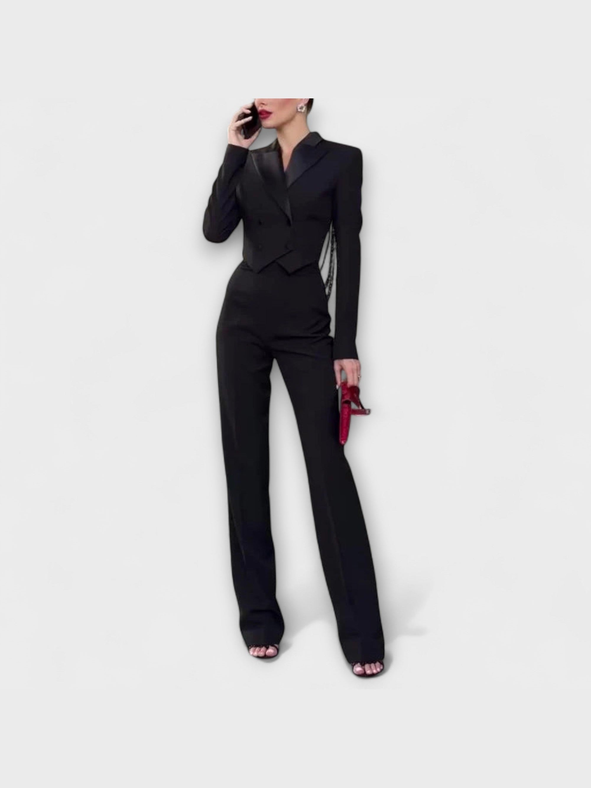 Noa - Krátký blazer bez zad s černými perlami