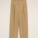 Pantalon beige coupe carotte taille haute en coton et lin