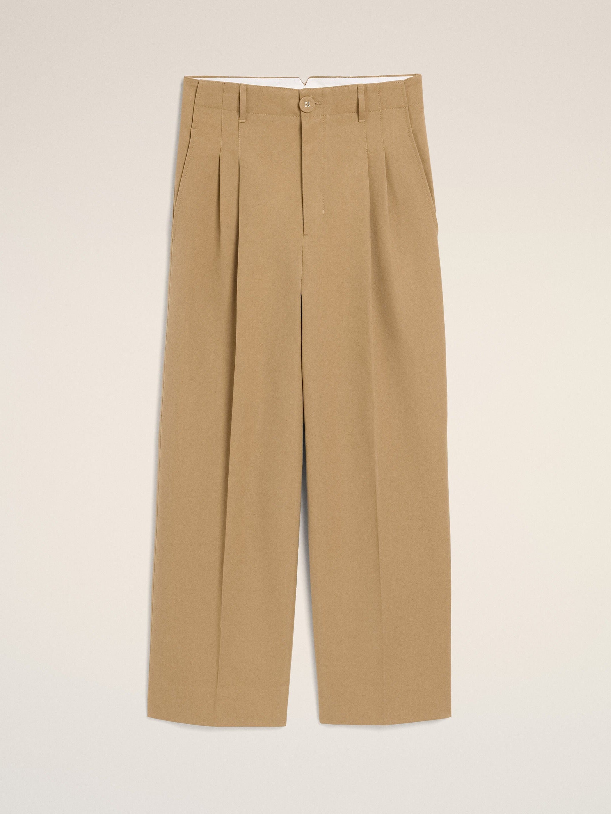 Pantalon beige coupe carotte taille haute en coton et lin