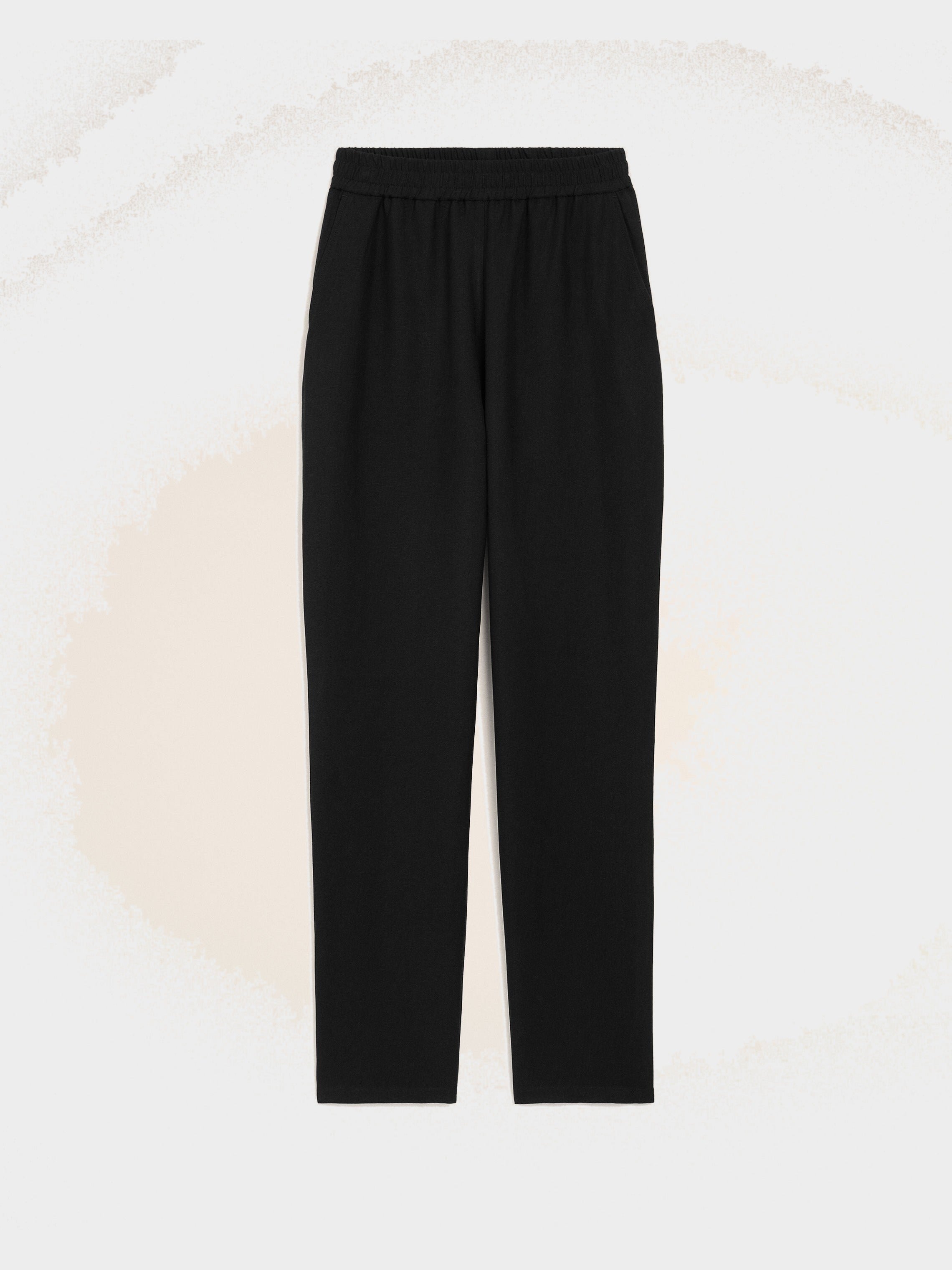 Pantalon Noir Taille Elastiquée en Lin Mélangé