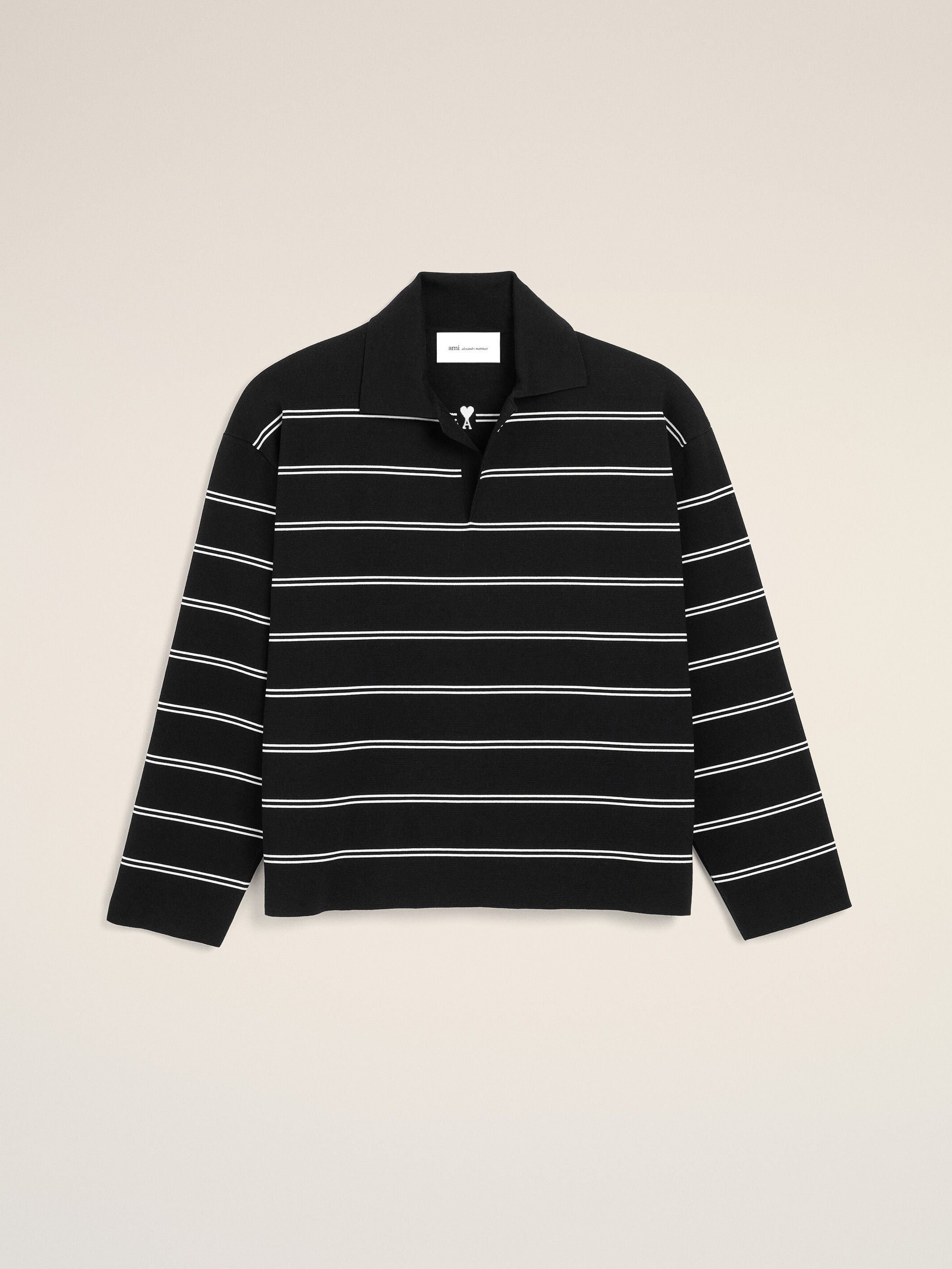 Polo noir à rayures en coton patch Ami