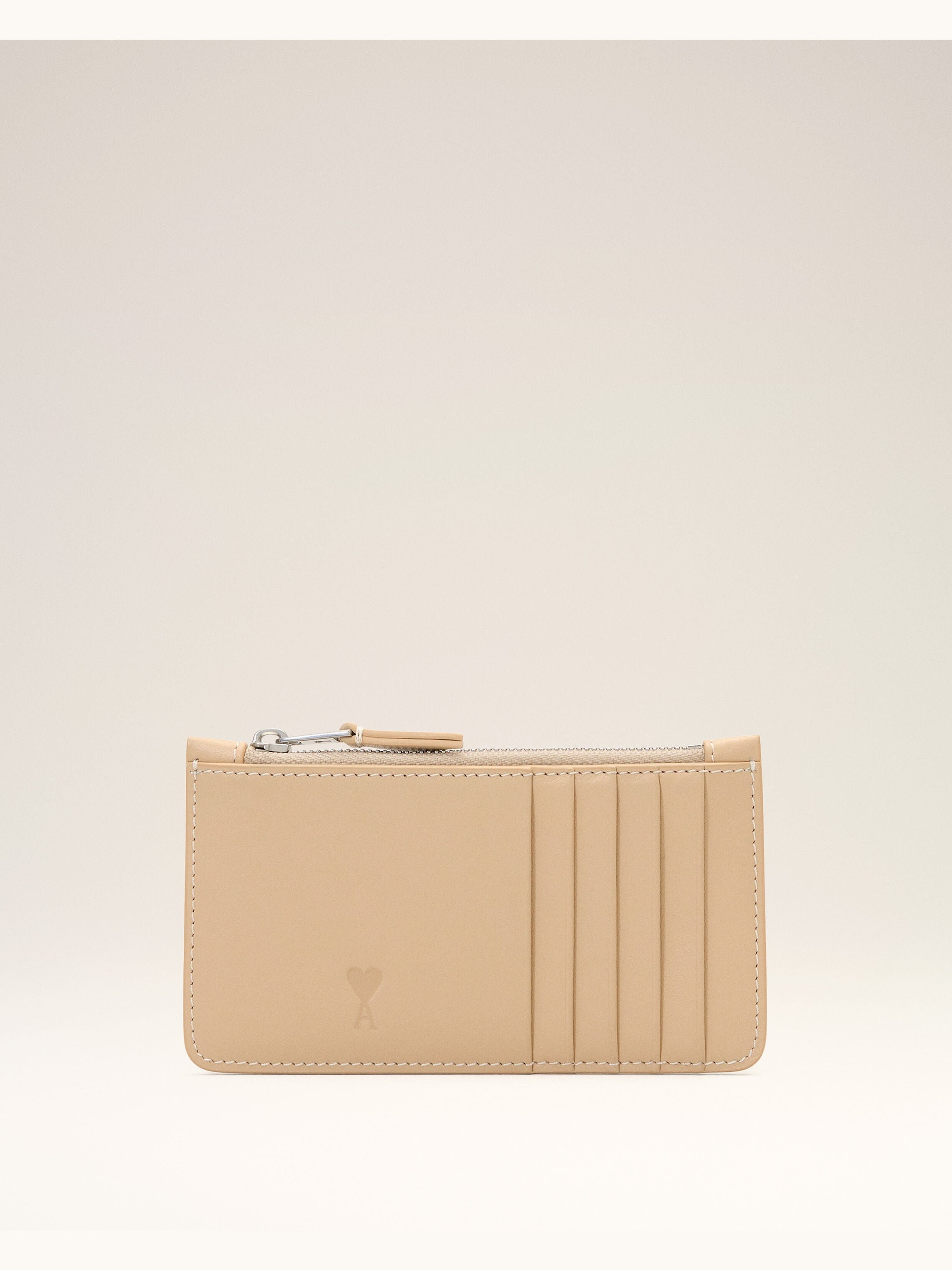 Porte-cartes zippé beige en cuir de vachette Ami de Coeur