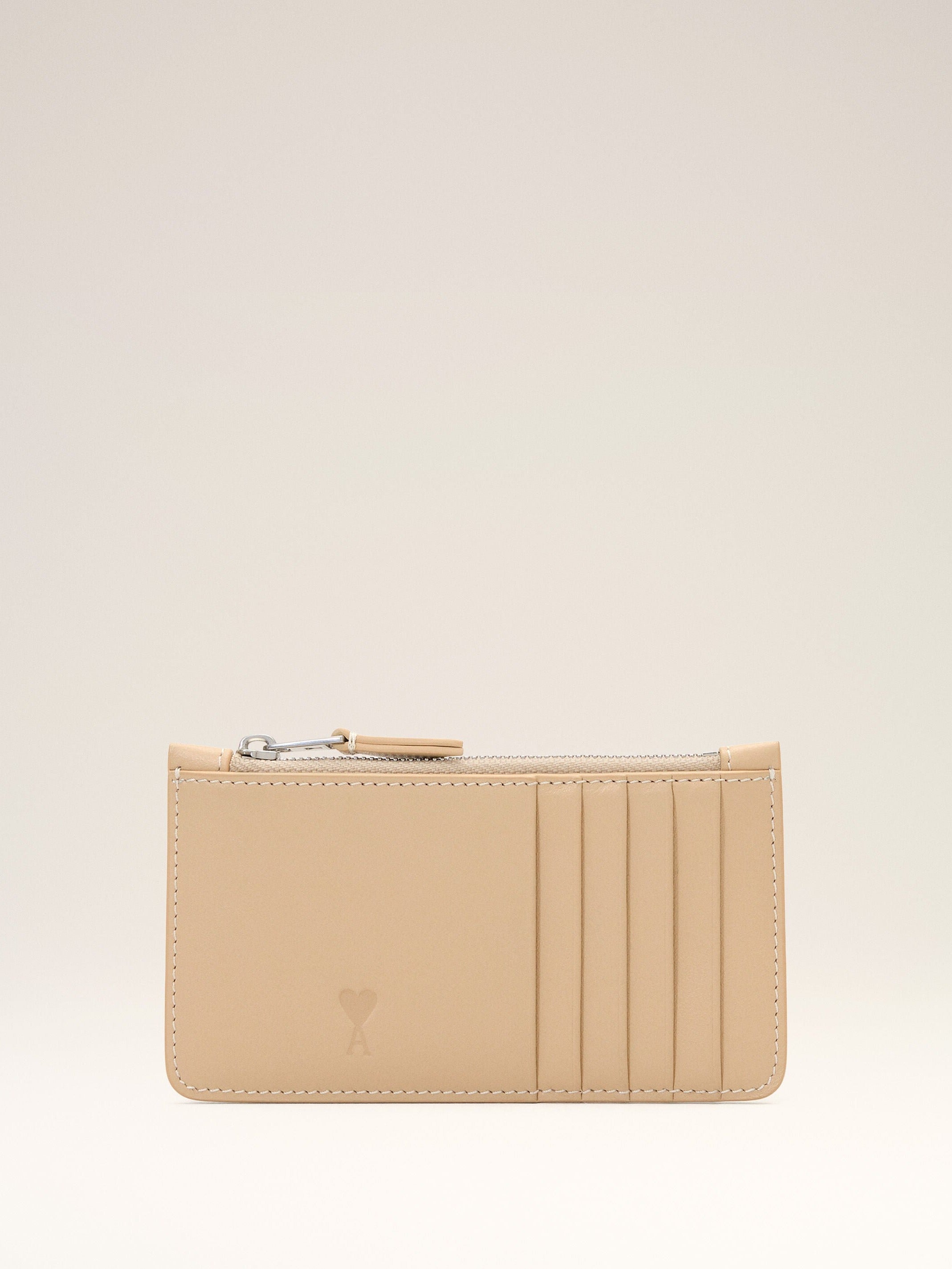 Porte-cartes zippé beige en cuir de vachette Ami de Coeur
