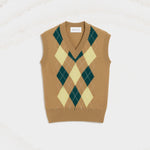 Pull Marron Sans Manches Avec Intrasia Argyle En Laine Et Coton