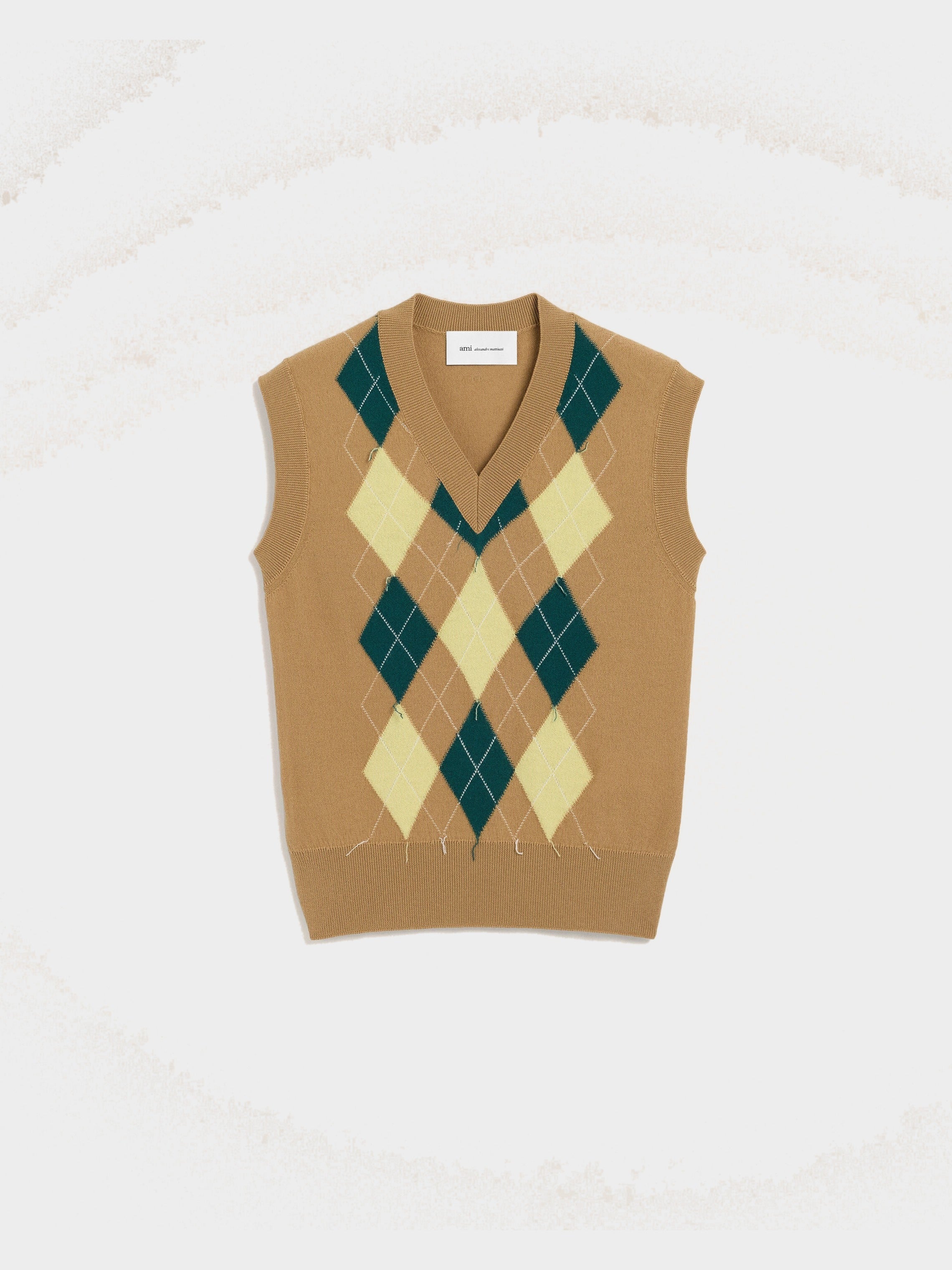 Pull Marron Sans Manches Avec Intrasia Argyle En Laine Et Coton