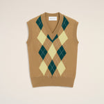 Pull Marron Sans Manches Avec Intrasia Argyle En Laine Et Coton