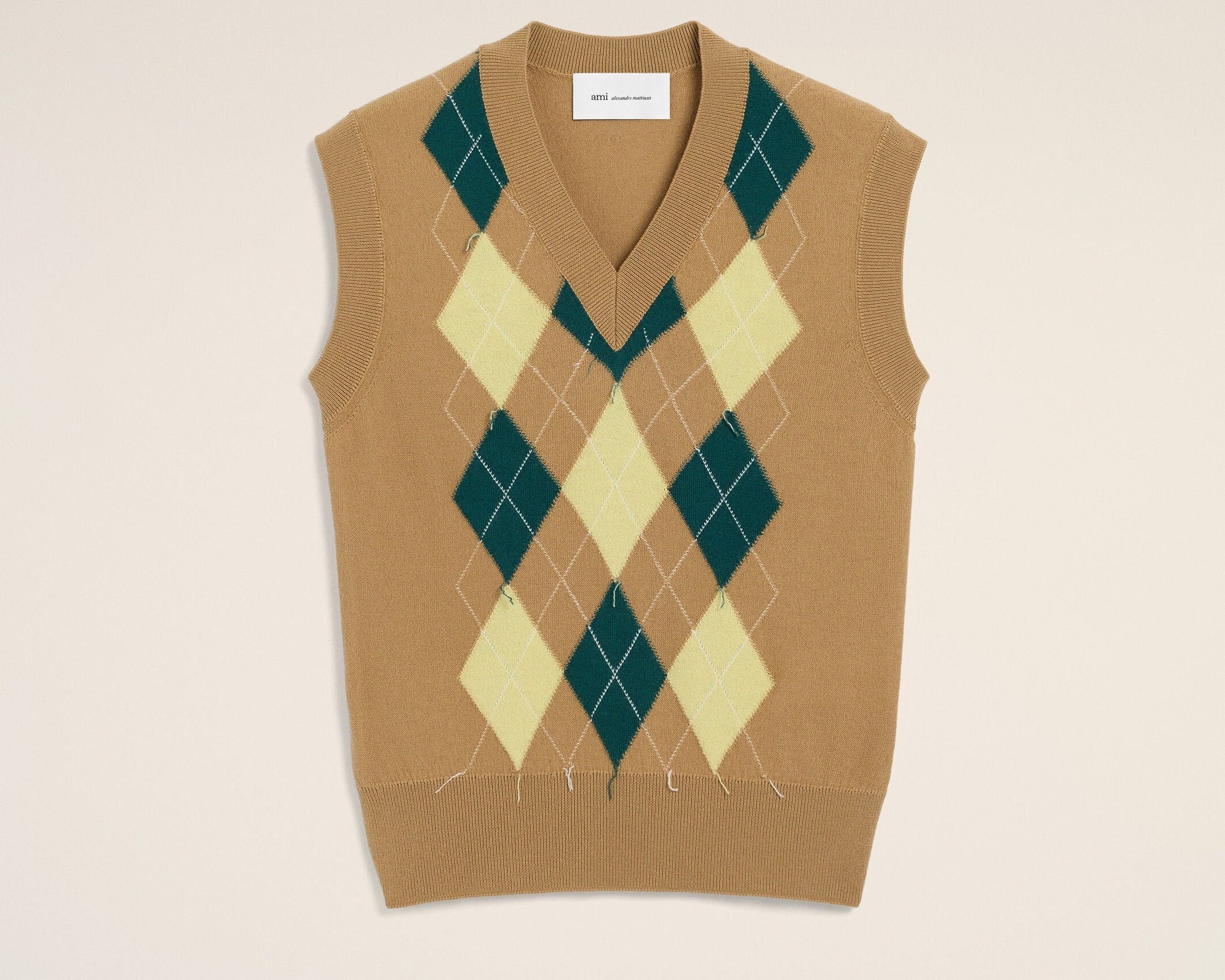Pull Marron Sans Manches Avec Intrasia Argyle En Laine Et Coton