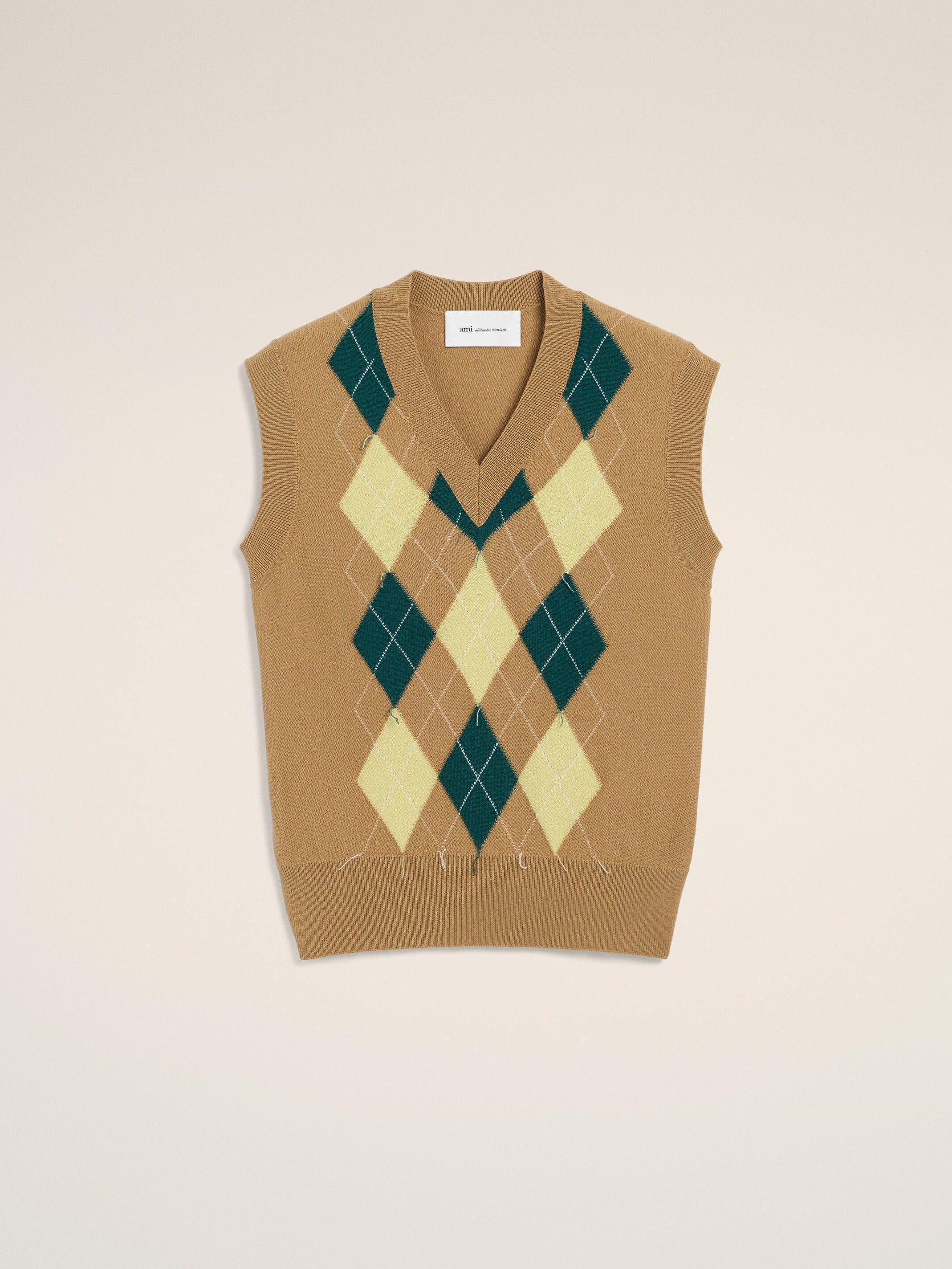 Pull Marron Sans Manches Avec Intrasia Argyle En Laine Et Coton