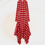 Robe longue à godets à carreaux rose en laine et coton