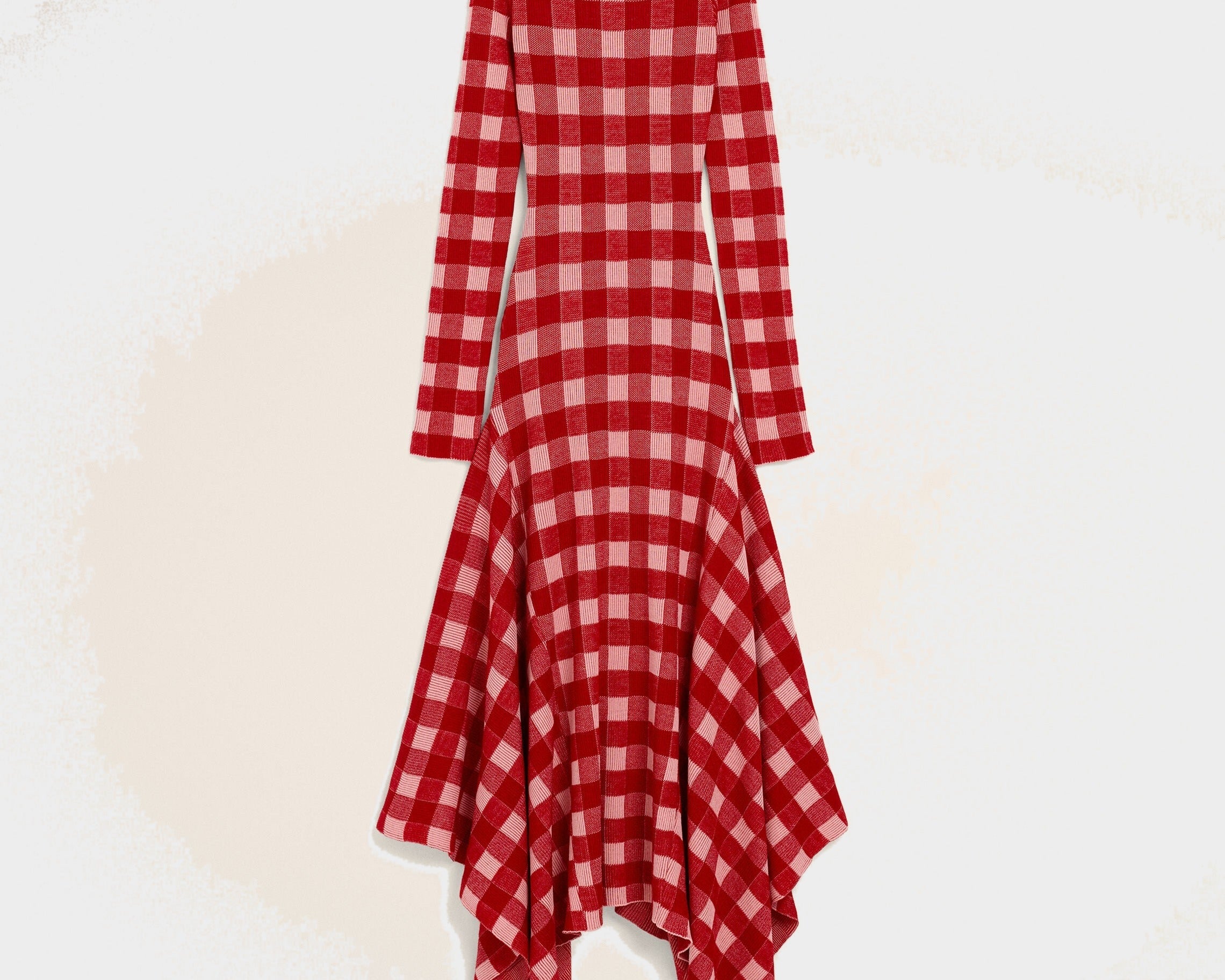 Robe longue à godets à carreaux rose en laine et coton